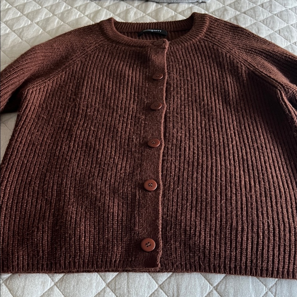 Classic Ribbed Brown Button-Front Cardigan Sweater